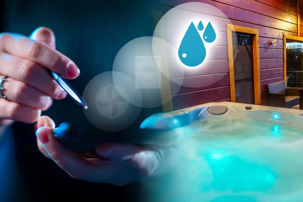 Bath control via smartphone. Outdoor pool remote control concept. Jetting bath is integrated into smart home. Outdoor pool control app. App for controlling household appliances. Smart home software