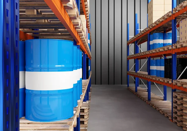 Warehouse of chemical products. Storage of barrels in stock. Pallet racks with barrels. Logistics center. Fragment of the distribution warehouse. Storage and logistics