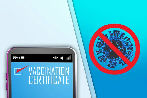 Coronavirus fight. Vaccination certificate on the smartphone screen. A crossed-out coronavirus molecule. Coronavirus treatment, injections. Vaccination in pandemic period. Anti-covid injections.