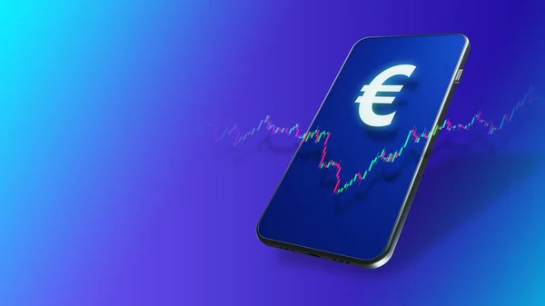 Currency trading. Euro symbol on the smartphone screen. Quotations chart of the EU currency. Mobile application for stock trading. Investments in currency. Trading on the stock exchange. 3d rendering