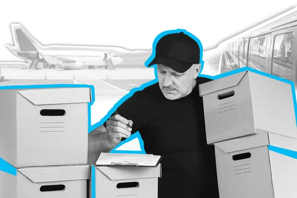 A man with parcels and documents. Logistics, delivery of goods, cargo transportation. A collage in the magazine style. Home delivery service. Courier service. Order pick-up point. Online store.