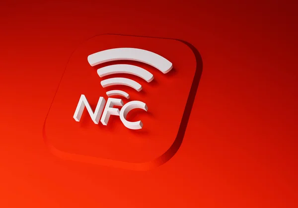 Nfc payment concept. Contactless NFC wireless pay sign logo. Contactless payment icon. Red background. NFC and the data transfer symbol. Near Field Communication. 3d image of payment technology