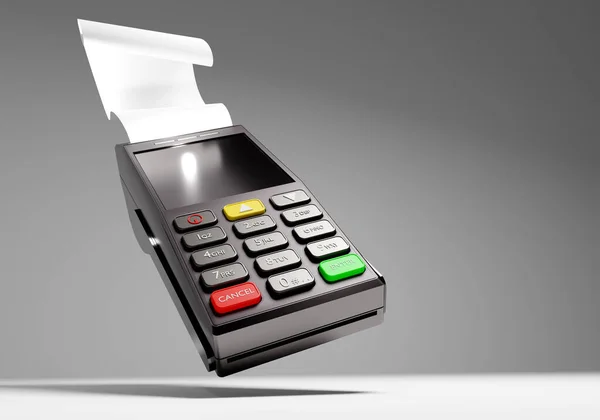 Pos terminal. Payment device mockup. Terminal for paying with bank cards. Contactless payment terminal. Device with the function of printing cheque. Non-cash payment. 3d rendering of banking machine