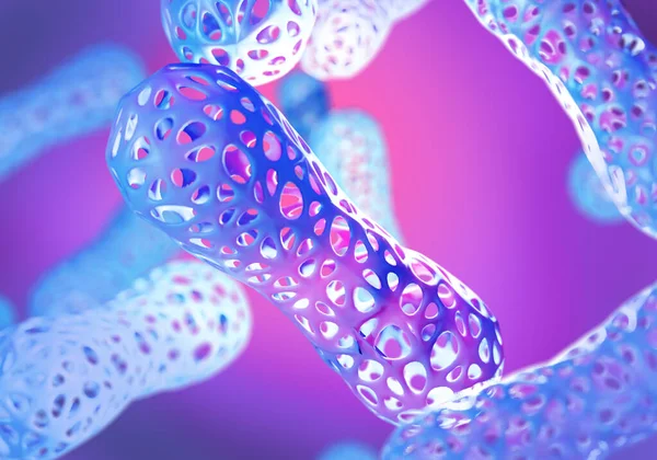 Bifidobacteria in human body. Microbiome on pink background. Three-dimensional bifidobacteria. Background with microbacteria. Beneficial live microorganisms. Bifidobacteria useful action. 3d image