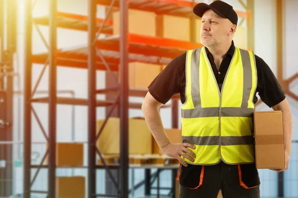 Warehouse, goods delivery, product storage. Storekeeper with box on the warehouse background. Distribution center with shelves. A man in work clothes on the background of shelves with goods.