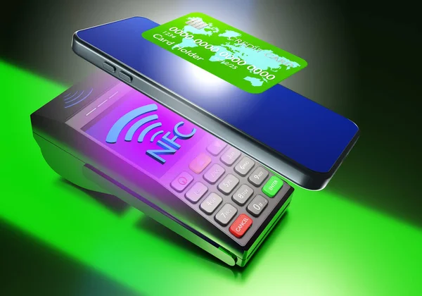NFC payment concept. Contactless payment. Using NFC technology. A smartphone and a credit card next to the payment terminal. Card reader with the NFC logo. Modern banking. 3d rendering