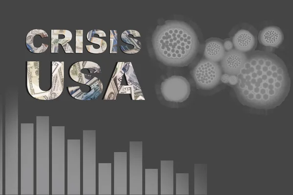 USA crisis in gray. The inscription USA Crisis from dollar bills. The declining graph and the coronavirus molecules. Losses of the American economy due to the pandemic.