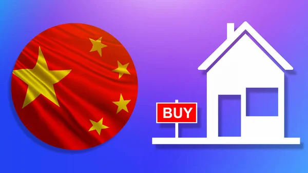 Buy house in China. A building with the inscription Buy and a Chinese flag. Real estate in China. House or apartment in the People Republic of China. Collage with a Chinese flag and a house for sale