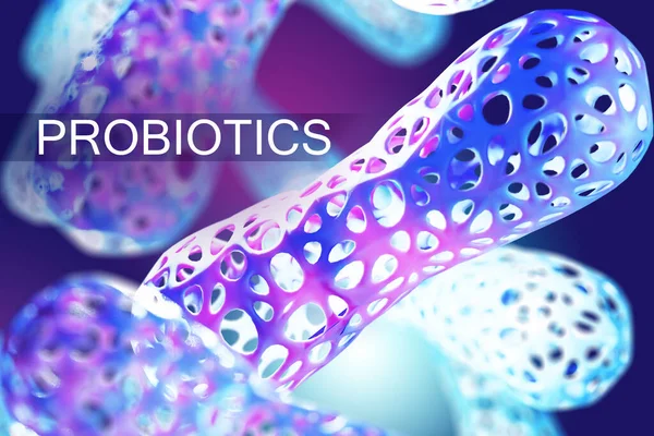 Probiotics logo. Bifidobacteria background. Microbiome in humans. Probiotics with live microorganisms. Probiotics for human immunity. Selective blurring. Gram-positive bacteria. 3d rendering.