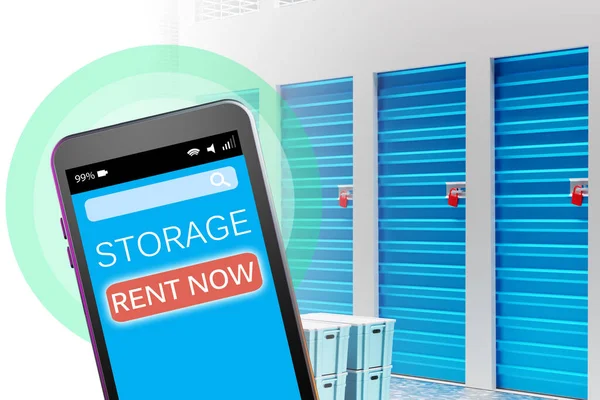 Rent of space in storage company. Storage space rent now. Rent now button on smartphone screen.  storage company corridor in background. Warehouse company app. Warehouse business. 3d image