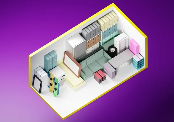 Self storage room 10x20 ft. Demonstration of storage capabilities. Self storage unit for rent. Personal warehouse 200 sq ft. Furniture and boxes on storehouse. 3d rendering. Rental warehouse