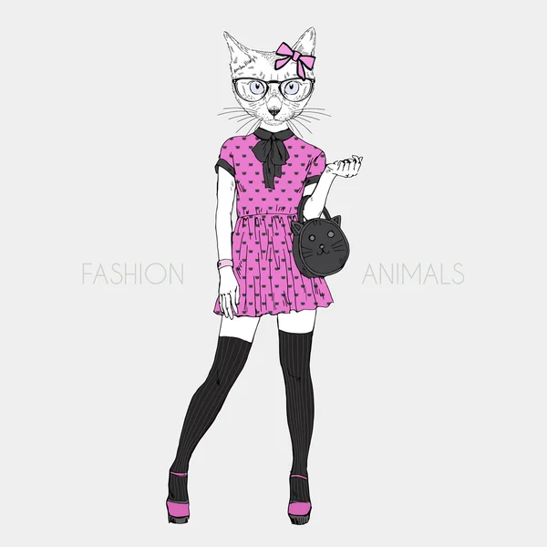 Bonito gato menina hipster — Vetor de Stock
