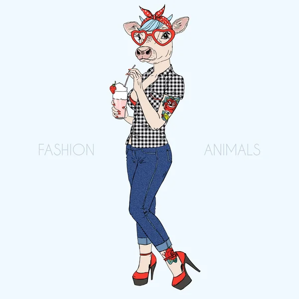 Cow girl in rockabilly style — Stock Vector