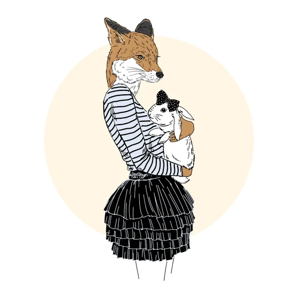 Bonito raposa menina com coelho — Vetor de Stock