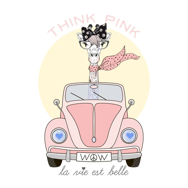 Jirafa chica conducir rosa coche — Vector de stock