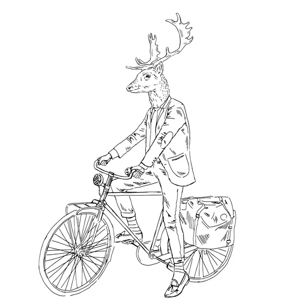 Cool cerf habillé sur vélo — Image vectorielle