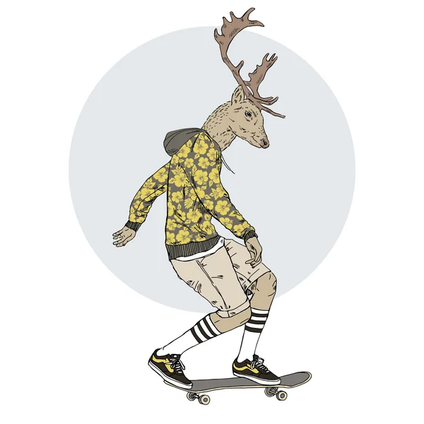 在 scateboard 上的鹿人 — 图库矢量图片