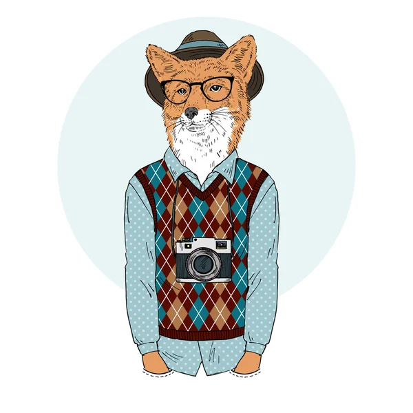 Fox hipster with photo camera — Stock Vector