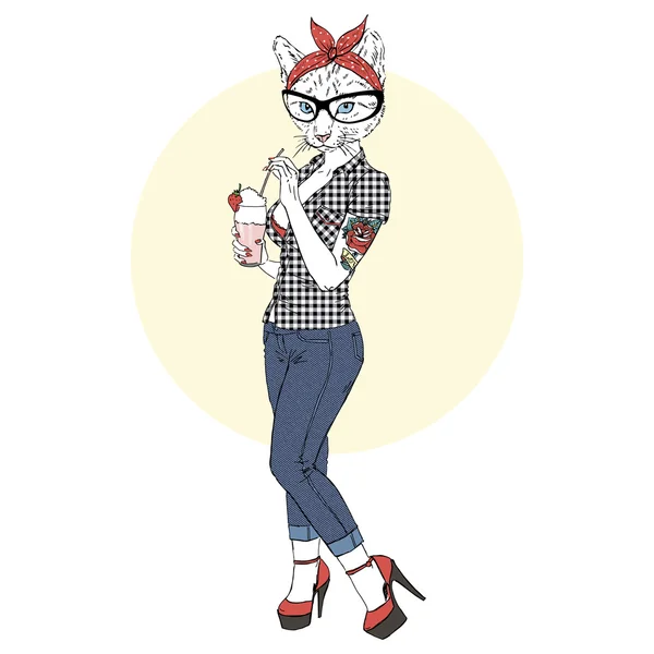 Rockabilly kedi kız. — Stok Vektör