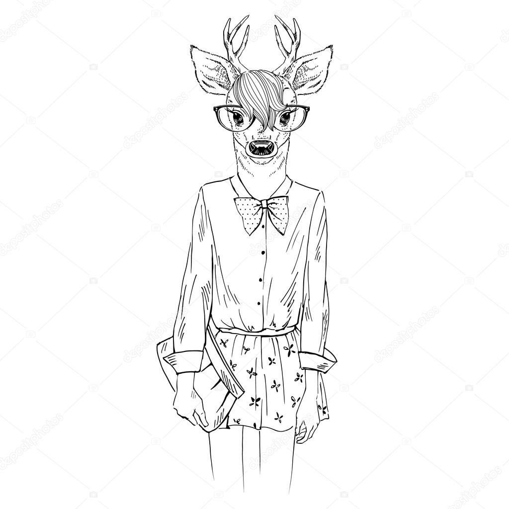 무료 사진: 복고풍 새해 엽서에 눈 속 사슴과 새의 예술적 삽화가 그려져 있습니다, image size:1024x1024