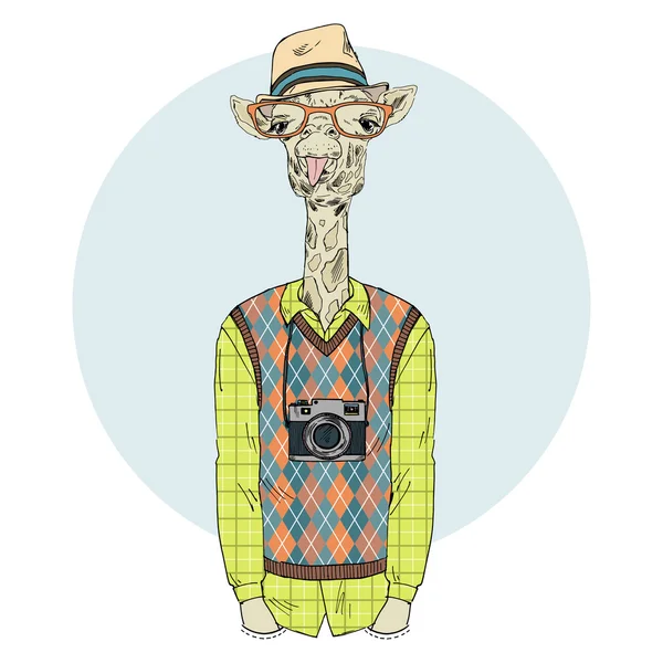 Giraff pojke hipster med fotokamera — Stock vektor