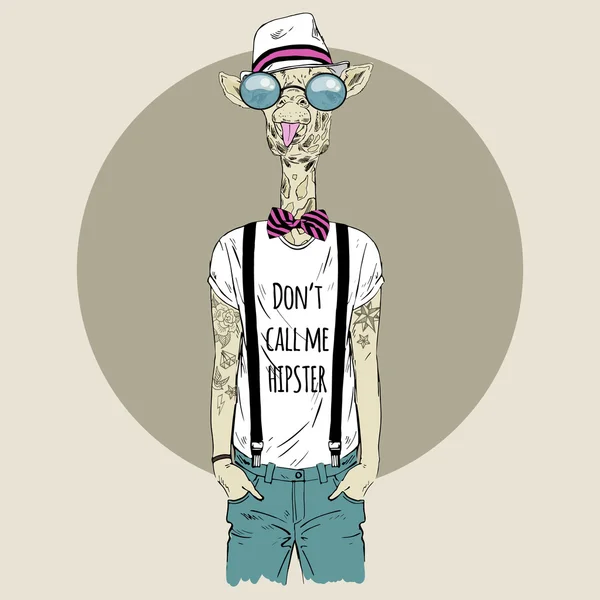 Getatoeëerde giraffe hipster in cool t-shirt — Stockvector