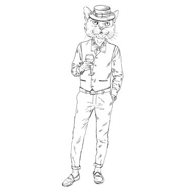 dressy cat man with glass of wine clipart