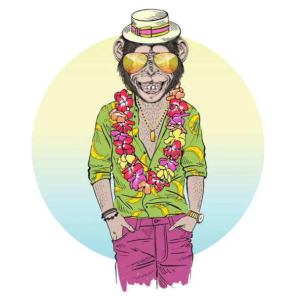 Chimpansee gekleed in aloha shirt — Stockvector