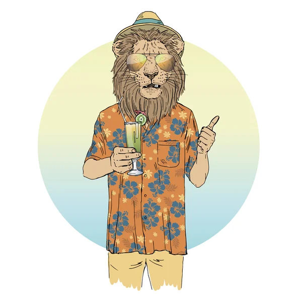 León vestido con camisa de aloha — Vector de stock