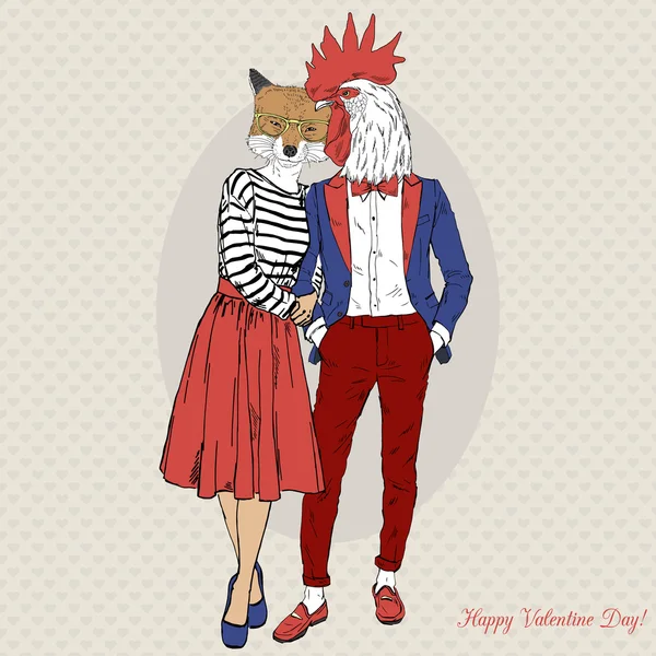 Foxy chica y gallo chico hipsters — Vector de stock