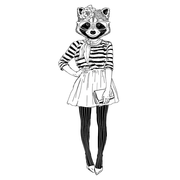 Mignon raton laveur hipster fille — Image vectorielle