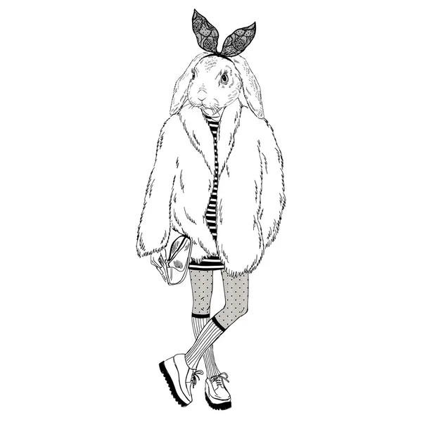 Chica conejita de moda en abrigo de piel — Vector de stock