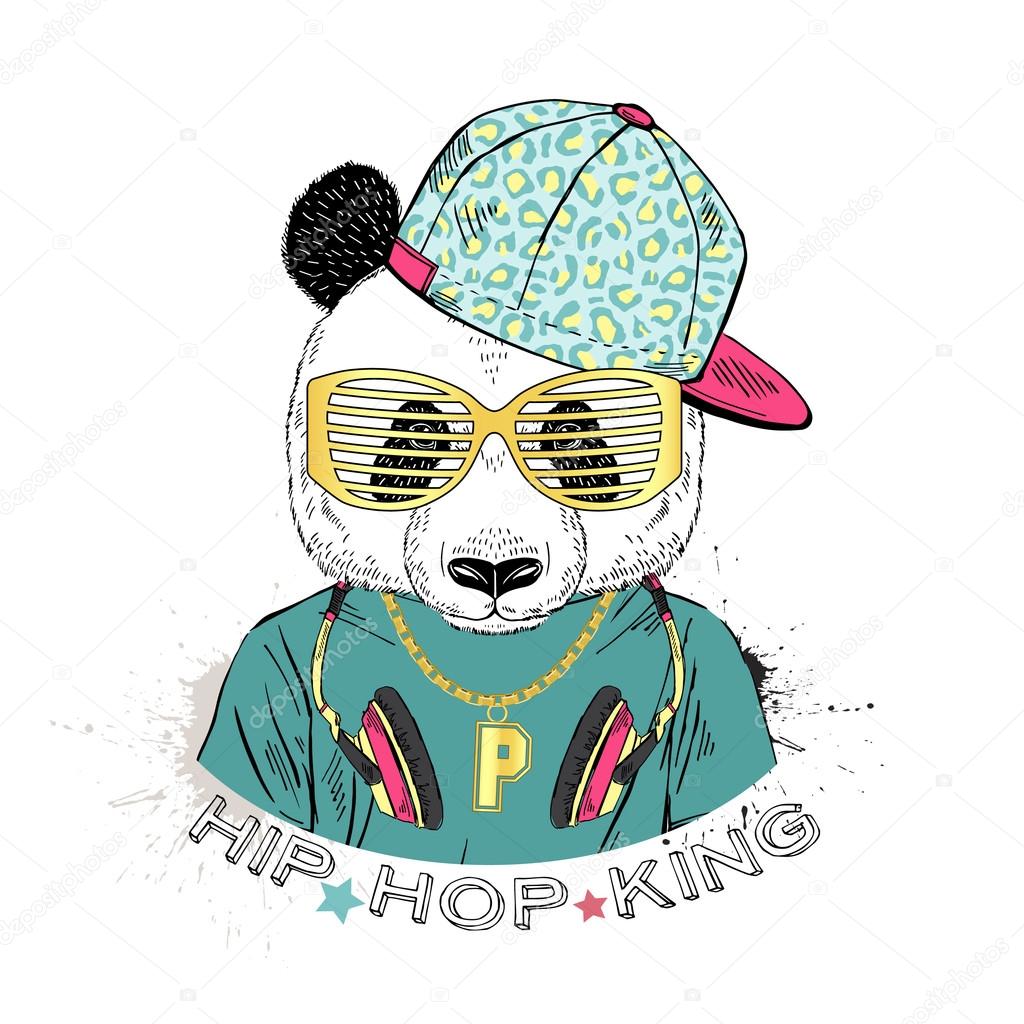 Panda boy dressed up in cool city style, hand drawn graphic, hipster animal portrait