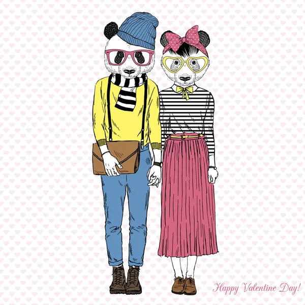 Bonito hipster casal de pandas — Vetor de Stock