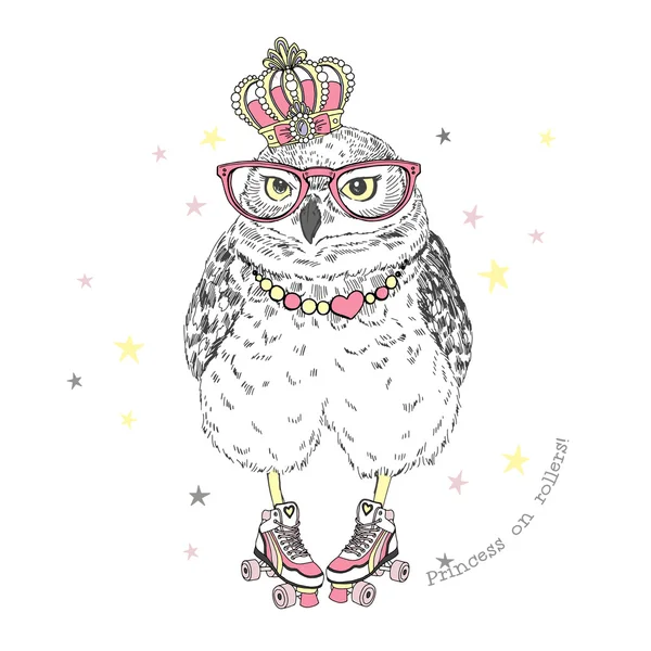 Cute owl princess on roller skate — Stockvector