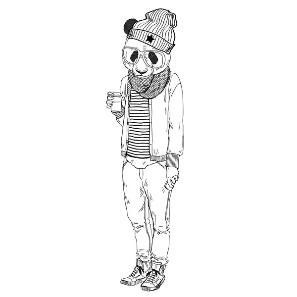 Panda hipster boy with coffee — Stockvector