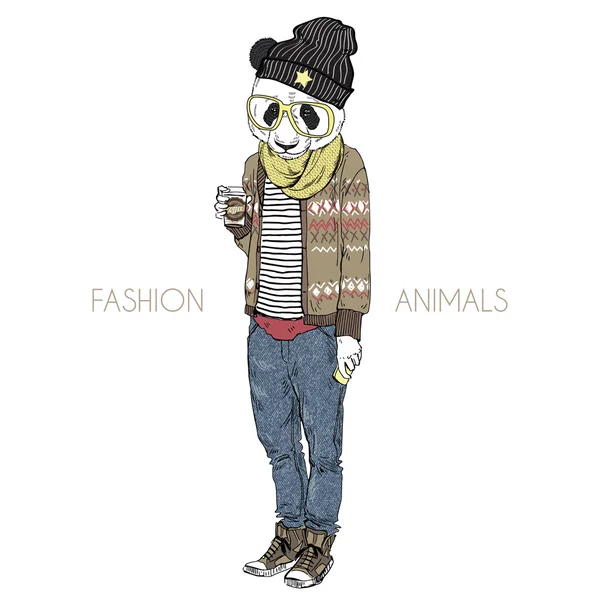 Panda hipster boy with coffee — Stockvector