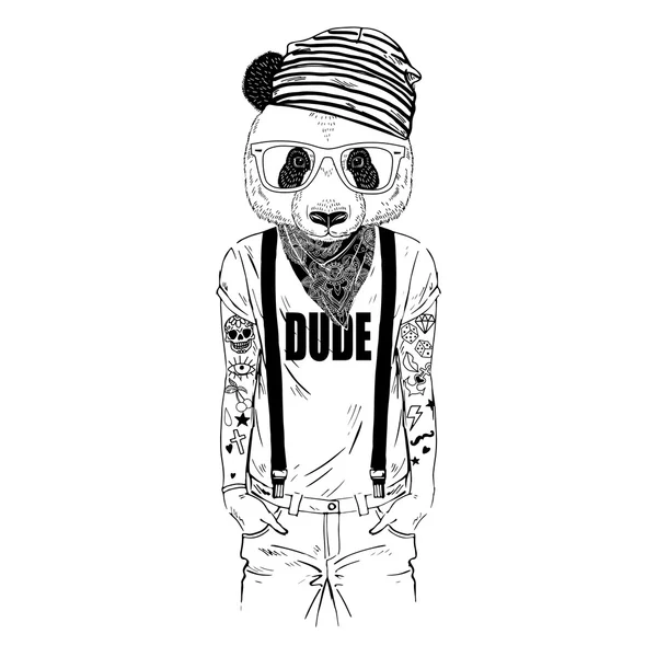 Chico panda hipster tatuado — Vector de stock