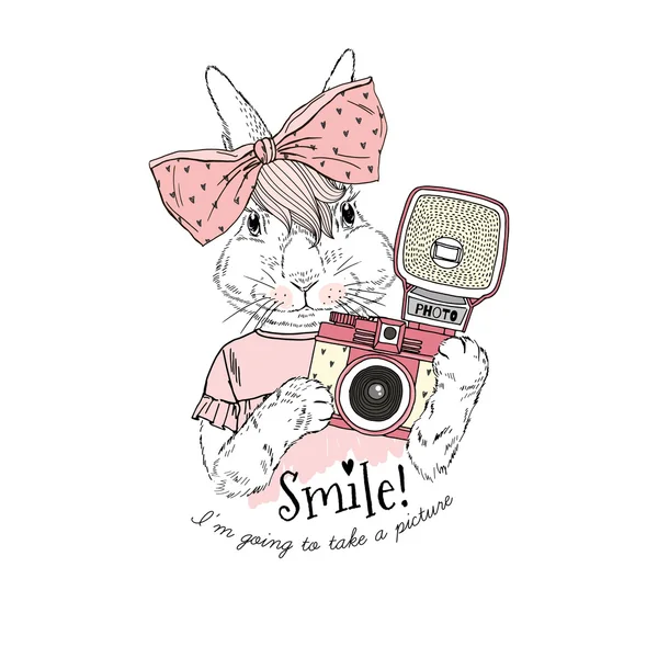 Cute bunny girl with photo camera — Wektor stockowy