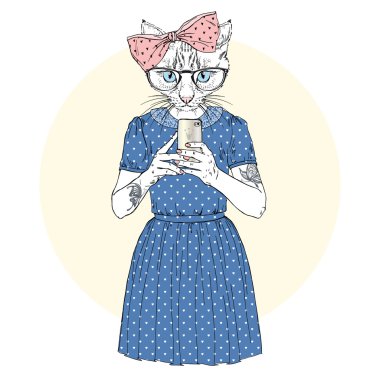 Şirin Kedi Kız hipster ile hareket eden telefon