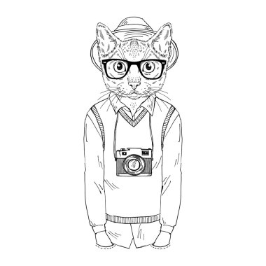 hipster kedi çocuk fotoğraf makinesi ile