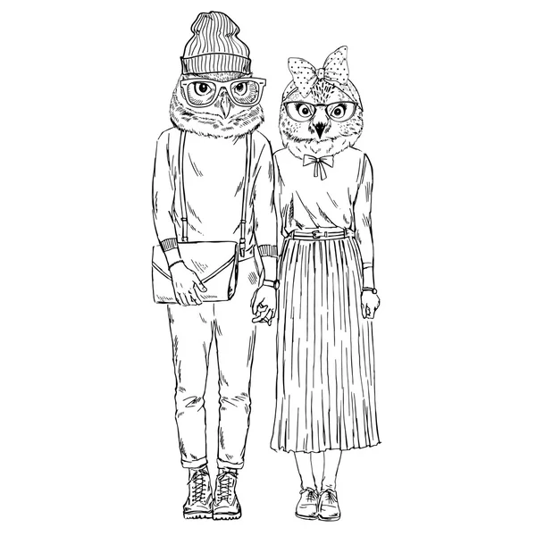 Peludo corujas hipsters casal —  Vetores de Stock