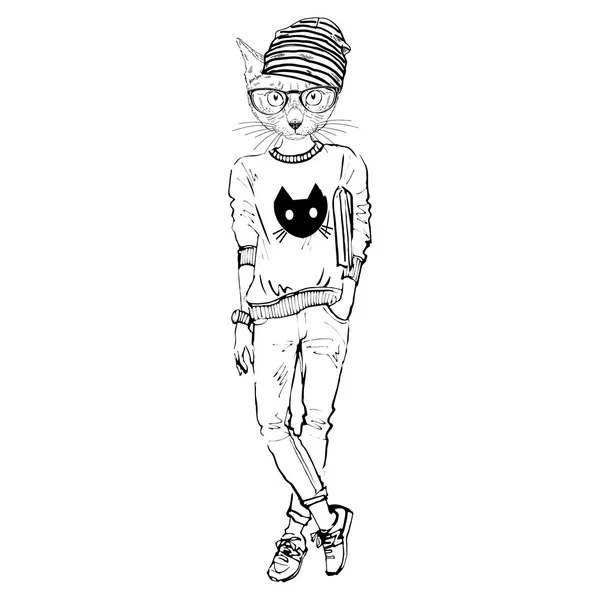 Gato adolescente vestido hasta en casual urbano estilo — Vector de stock