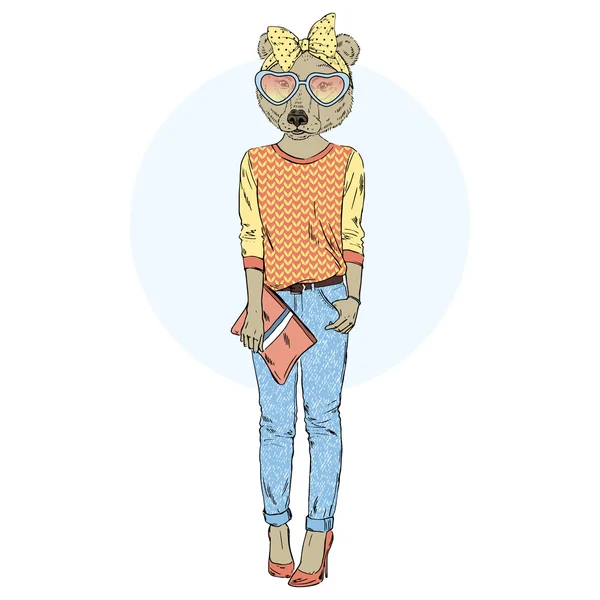 棕色的熊女孩时髦牛仔裤 — 图库矢量图片