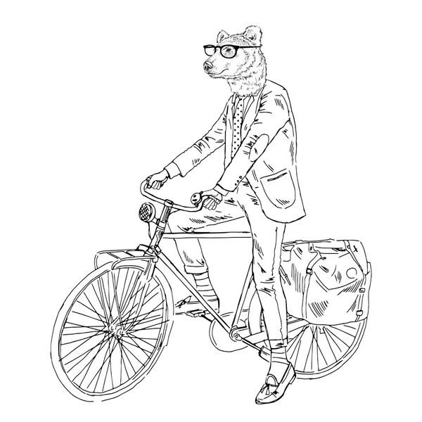 Bärenmann Hipster auf dem Fahrrad — Stockvektor