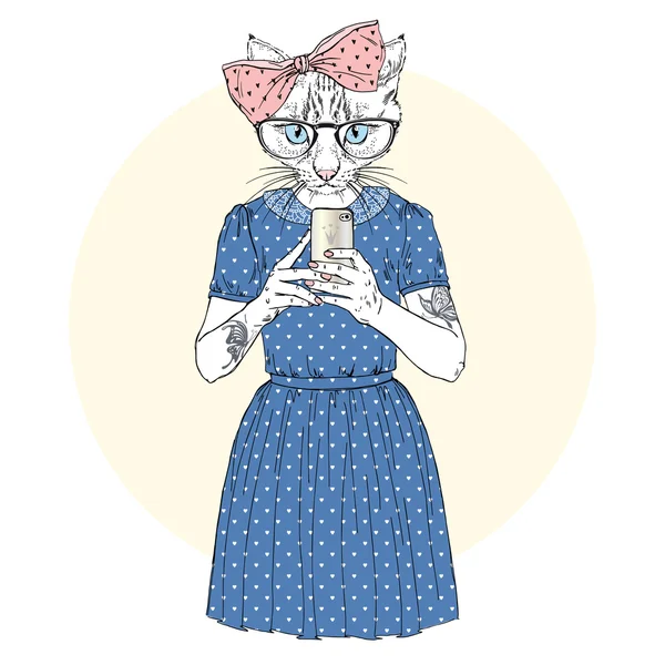 Cute cat girl hipster with mobile phone — Stock Vector