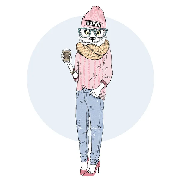 Coruja hipster menina com café —  Vetores de Stock