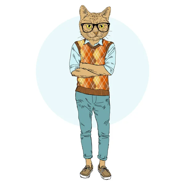 Cat nerdy hipster — Stock Vector