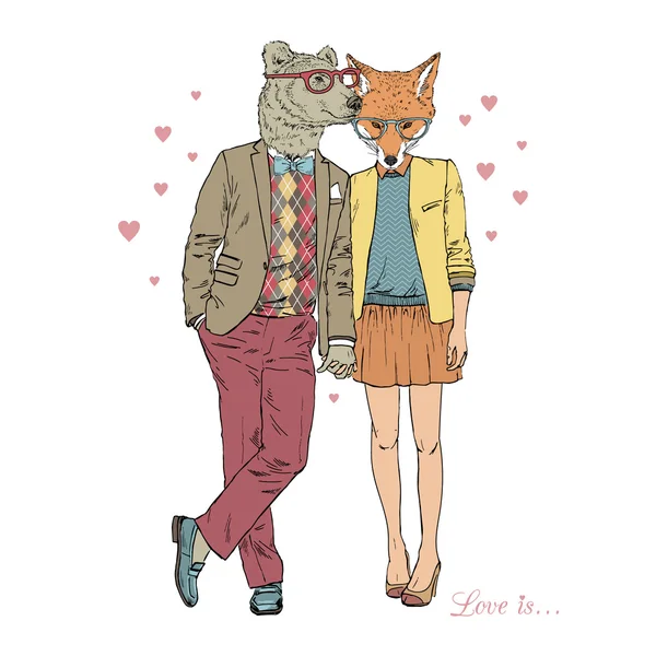 Art poilu de couple ours et renard — Image vectorielle