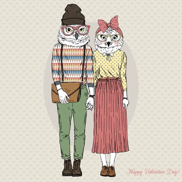 Couple hipsters hipsters chouettes à fourrure — Image vectorielle